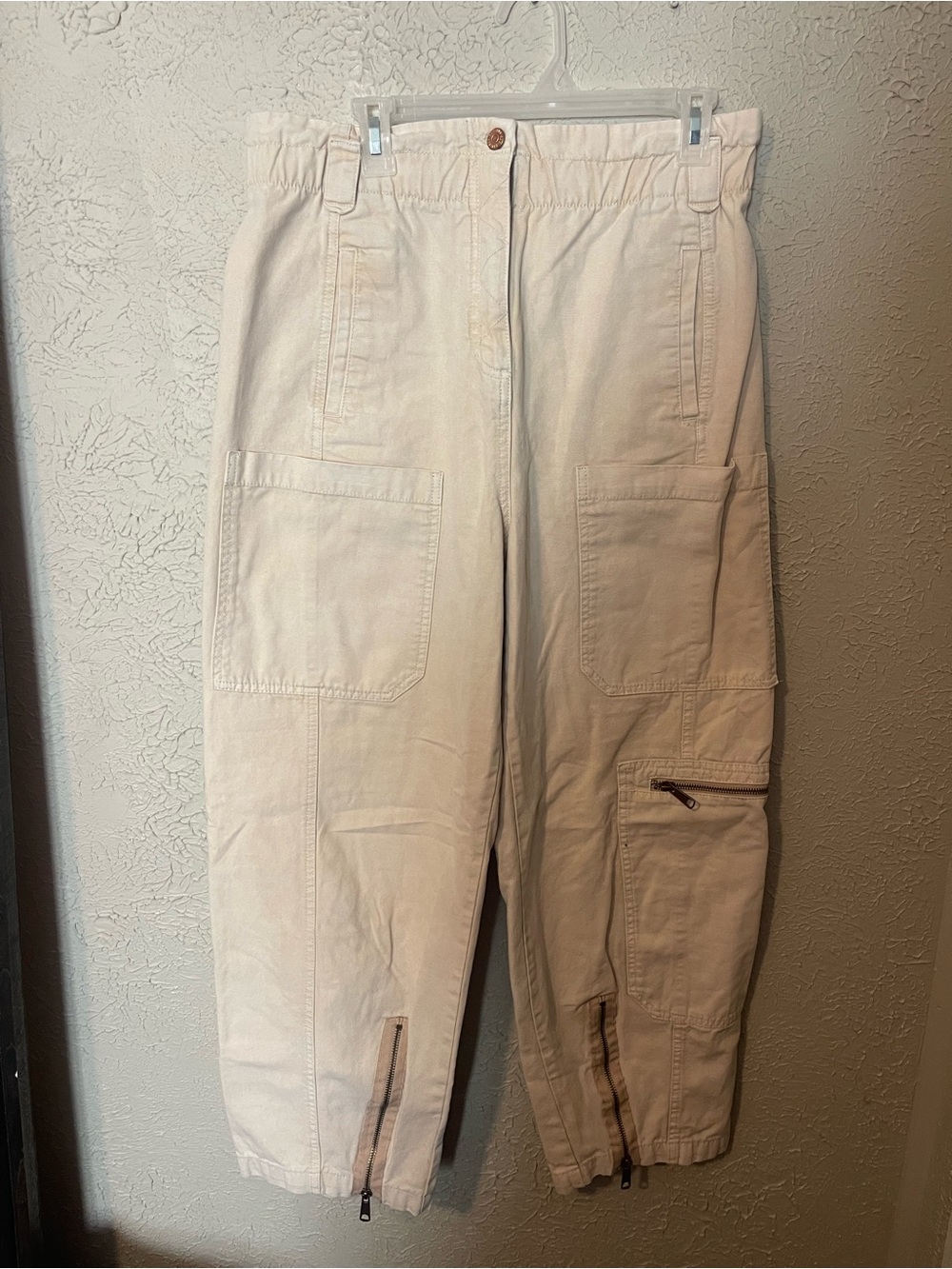 BDG Off-White Wide Leg Cargo Pants with Ankle Zips